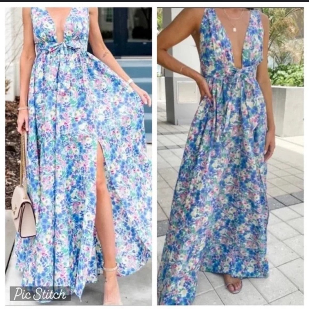 AAKAA Floral Print Maxi Dress Front Tie